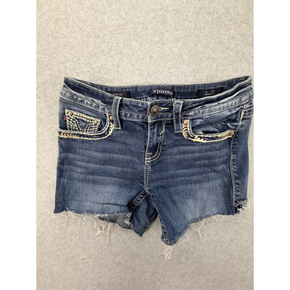 Vigoss Heritage Fit Denim Shorts Womens 4 Blue Cutoff Thick Stitch Embellished